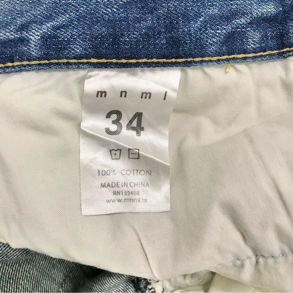 MNML Lightwash Distressed Button Fly Jeans Ankle Zip Denim Size 34x34 - Picture 2 of 12